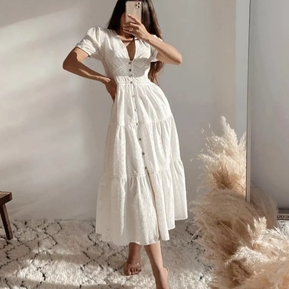 Zara White Lace Eyelet Boho Coastal Cottagecore Prairie Midi Dress Size Large - Picture 1 of 17